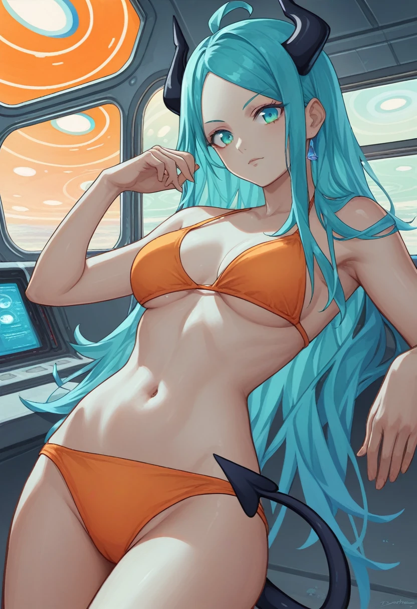 score_9, score_8_up, score_7_up,1 daemon woman, black horns, black demon tail, (aquamarine hair),aquamarine green color hair,ahoge, long hair, (long hair),bangs, light orange bikini, bikini is orange, bikini orange, orange bikini!, (aquamarine eyes), background is spaceship, aquamarine eyes, 1woman ,facing viewer, daemon girl, close up,Well-endowed, alone, Spacecraft interior, sexy pose