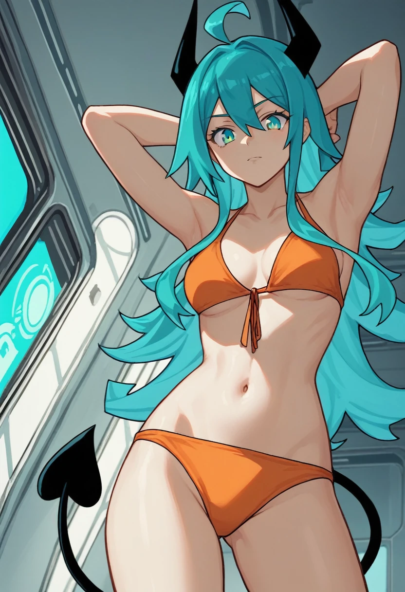 score_9, score_8_up, score_7_up,1 daemon woman, black horns, black demon tail, (aquamarine hair),aquamarine green color hair,ahoge, long hair, (long hair),bangs, light orange bikini, bikini is orange, bikini orange, orange bikini!, (aquamarine eyes), background is spaceship, aquamarine eyes, 1woman ,facing viewer, daemon girl, close up,Well-endowed, alone, Spacecraft interior, sexy pose