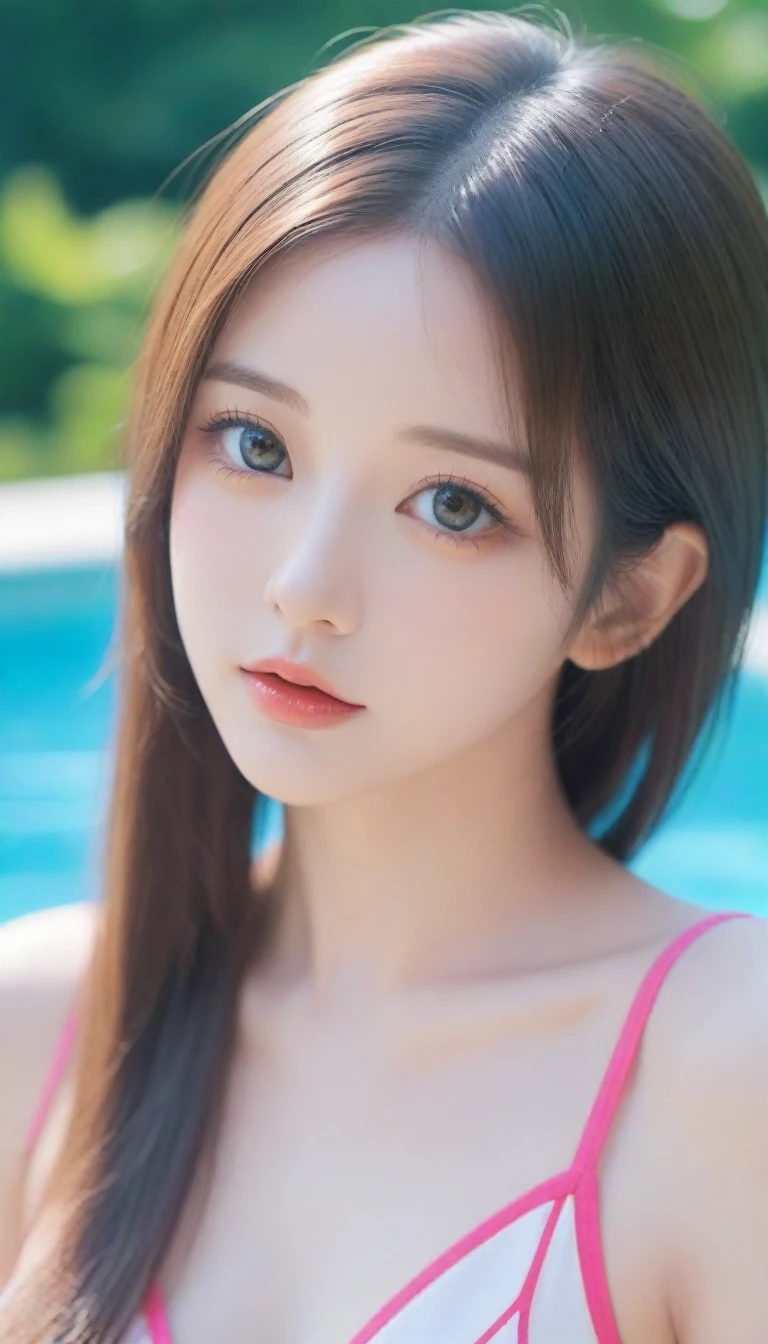 Close-up of woman in swimsuit posing by the pool., beautiful anime girl, Charming anime girl, beautiful anime girl, Charming beautiful anime , Attractive anime girl, cute anime girl, Beautiful anime girl, Beautiful, charming anime women, long hair anime girl, beautiful anime pictures, artwork in the style of Gouvice, Gouvice