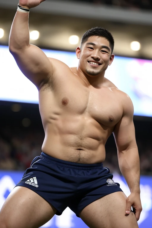 ((highest quality)), ((masterpiece)), (detailed), ((Perfect Face)), 4k, Shaved head, Young Japanese, Muscular, Fat body, Very big man, smile, ((showing off crotch)) A large Japanese man shirtless、whole body、Rugby player、Thick legs、Thick arm muscles、Intimidating、whole body、wearing a very tight and very short black-shorts, (shirtless)、((At the rugby field)), Legs open，