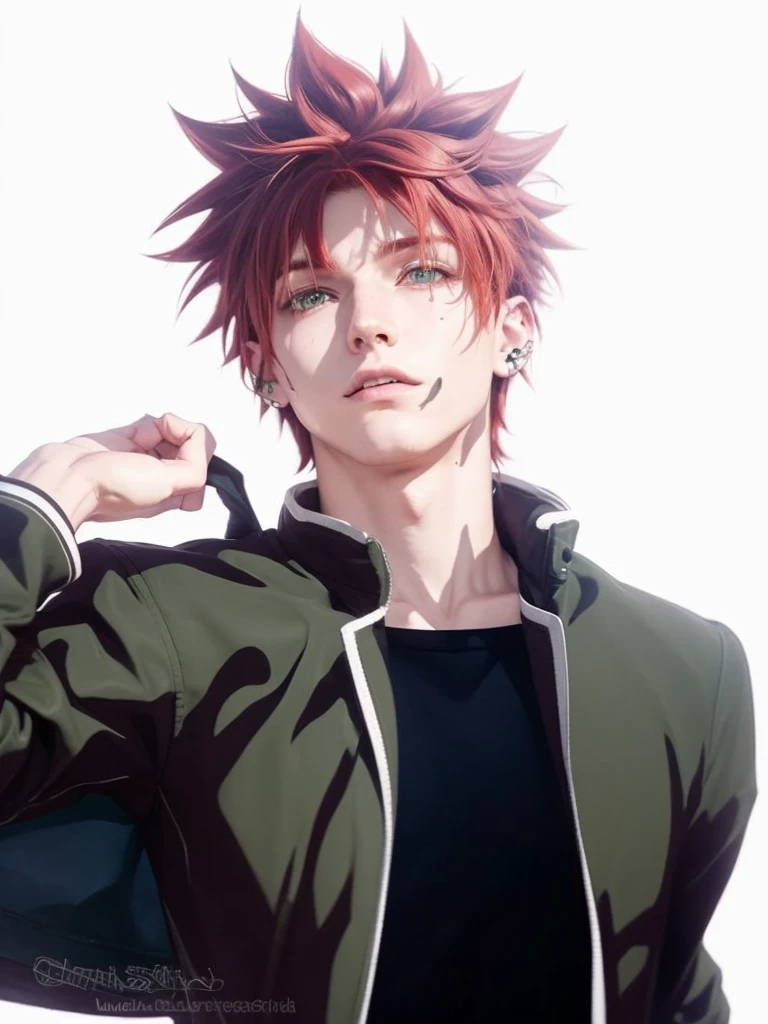 boy with red hair and a dark green jacket, detailed face, piercing yellow eyes, perfect skin, messy red hair, elegant, handsome, cinematic lighting, dramatic lighting, sharp focus, realistic, photorealistic, 8k, high quality, best quality, masterpiece.