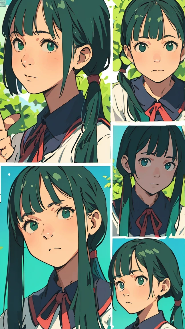 ((Facial expression pattern)), green eyes, (green hair), ((Wavy hair)), ((Pigtails)), uniform, single girl, single, very beautiful, best quality, amazing quality, curated, shape, very detailed, anime coloring, very detailed, official art, warm tones, sun flare, soft shadows, vibrant colors, very detailed, official art, ((Hairstyle with bangs)),