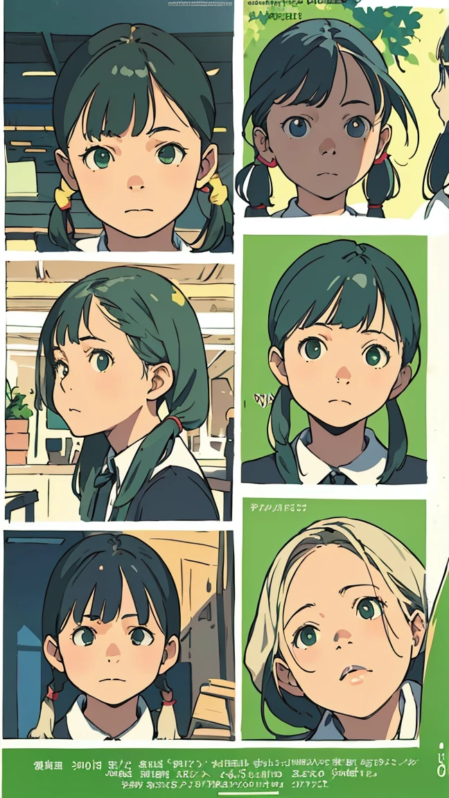 ((Facial expression pattern)), green eyes, (green hair), ((Wavy hair)), ((Pigtails)), uniform, single girl, single, very beautiful, best quality, amazing quality, curated, shape, very detailed, anime coloring, very detailed, official art, warm tones, sun flare, soft shadows, vibrant colors, very detailed, official art, ((Hairstyle with bangs)),