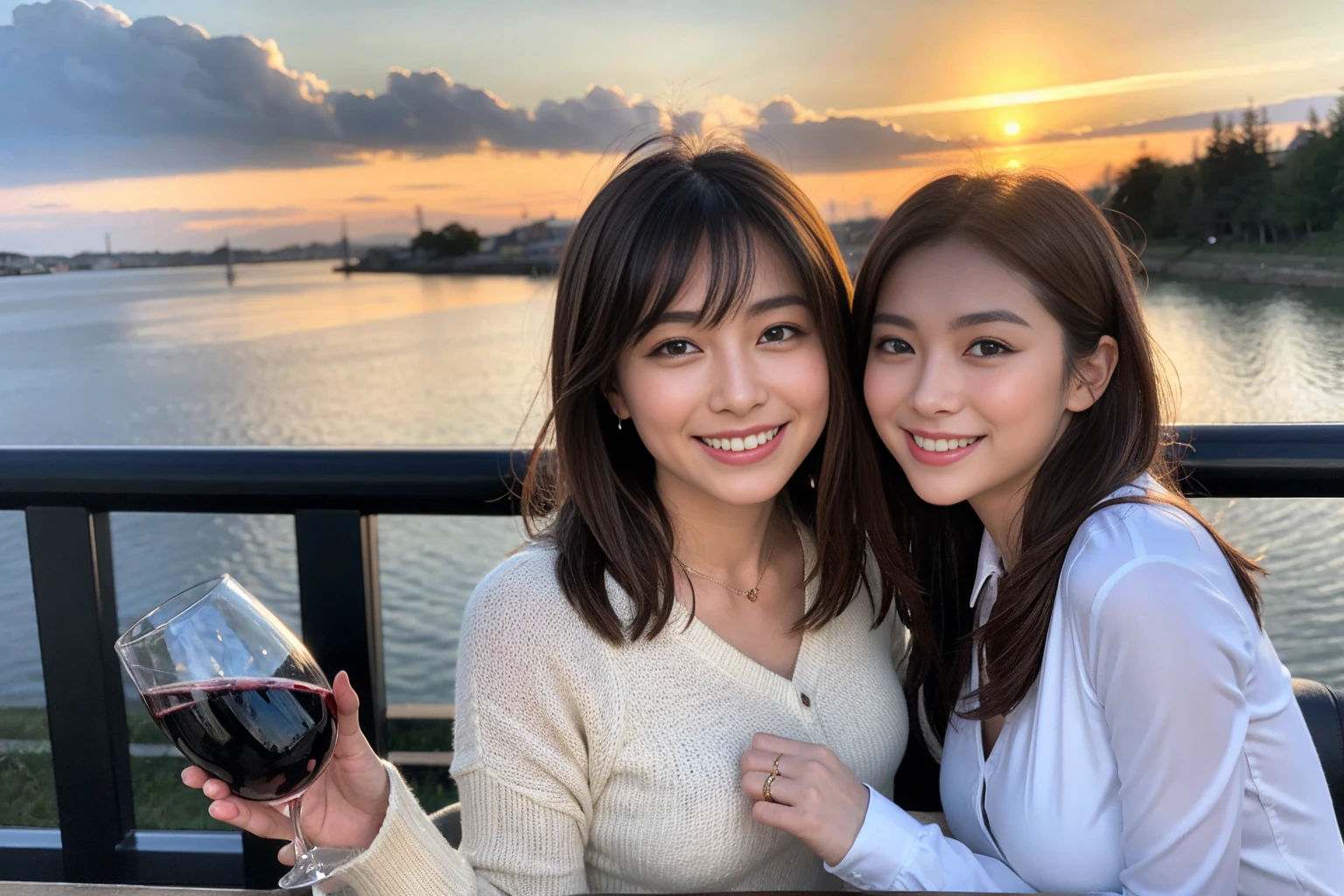 ((Highest quality、、masterpiece:1.3))、1 male、1 female,36 years old 39 years old、Slim Beauty、Beautiful couple、Upper Body、smile、 (Slim face), (the body is スリム), (Brown Hair), (Shortcuts), テーブルのフルコースディナーとwine glass、Amazing view of the sunset sky and clouds、smileの美しさ、Wine bottle、sparkling wine、Long sleeve shirt、dress、White wine, red wine, wine glass, Beautiful fine grain, Depth f/2,saturation, High Contrast, Strong light and shadow,Moist Body:1.5、 texture、The hair is very shiny、
