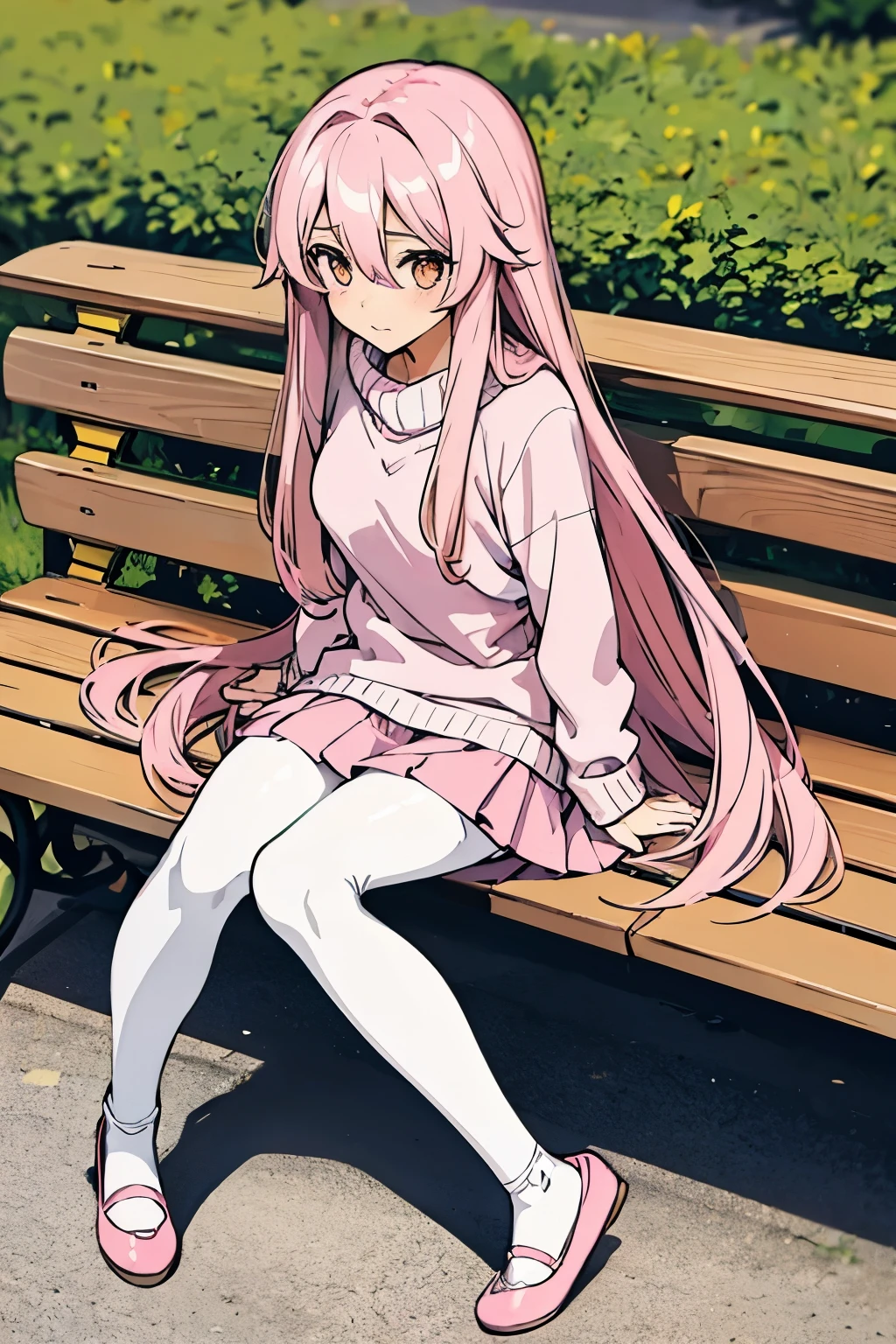 Anime girl, long hair, straight hair, pink hair, pink sweater, pink skirt, white pantyhose, Pink Ankle Strapped Ballerina Flat Shoes, Park, sitting on bench