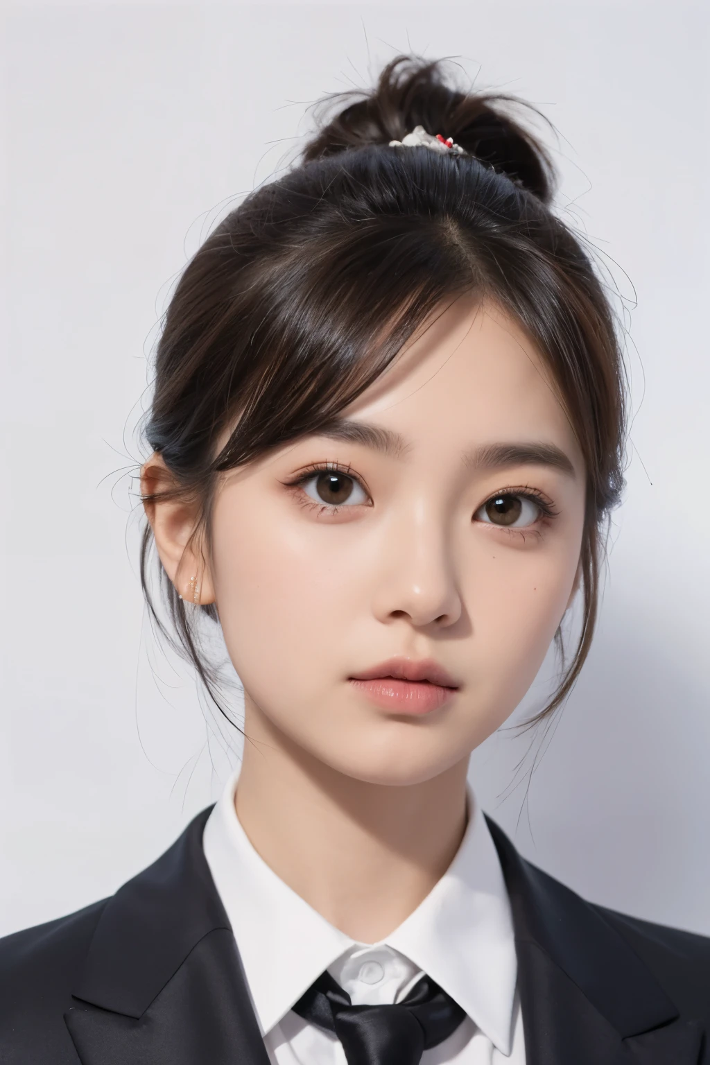 girl, formal suit, white background, looking camera, looking front, neutral expression, ID Photo, formal portrait photo profile picture, upper body