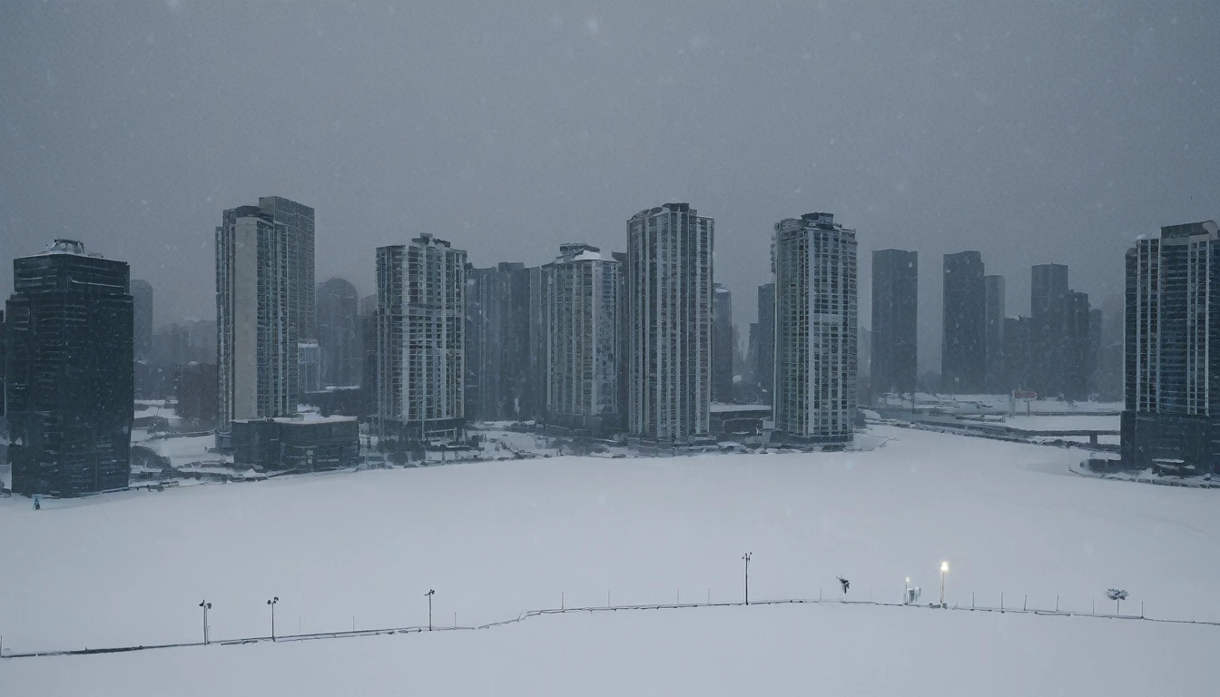 Cityscape, architecture, Non-human, cold sky,(blizzard:1.5), Snowstorm, City, dark sky, cold,Covered in heavy snow,Close-up of a building,View from the window