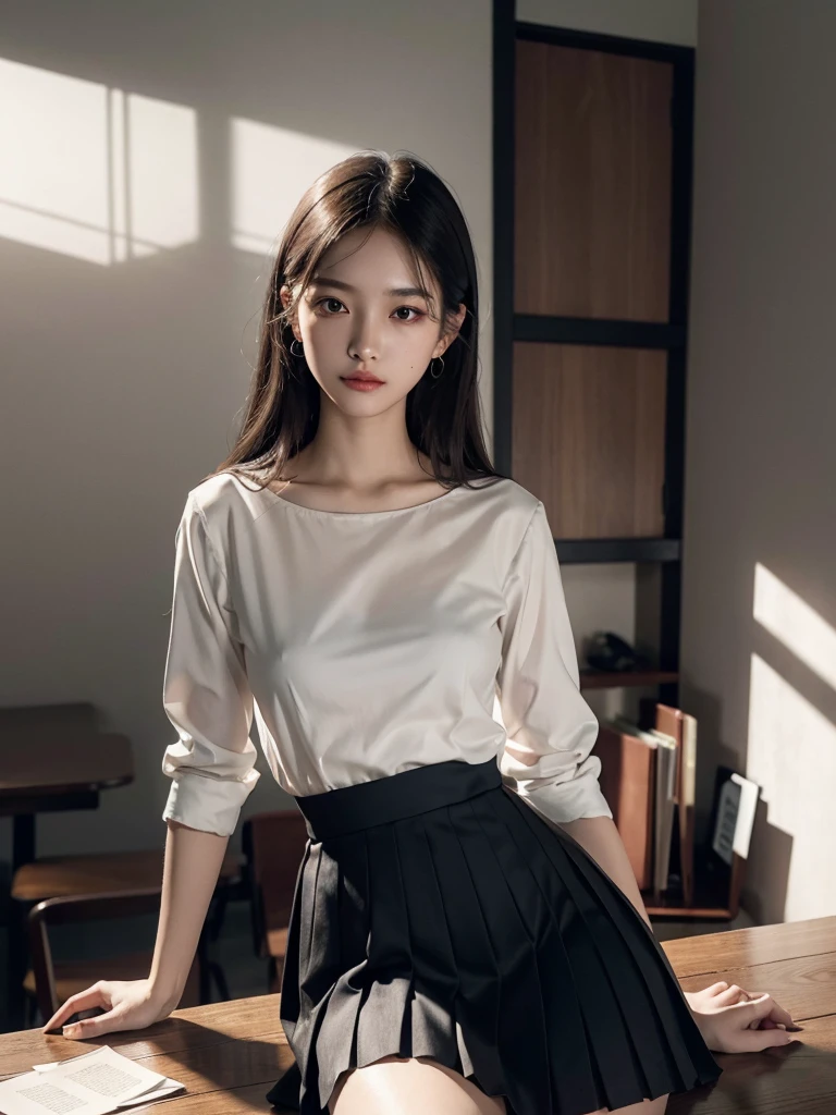 absurdres, RAW photo, extremely delicate and beautiful, masterpiece, Best Quality, ultra high resolution, 32k, hyperrealistic, ultra-detailed, perfect anatomy, super Detailed skin, perfect figure, Super Beauty, Perfect Style, Perfect balance, Beautiful Lighting, Perfect Lightning, Realistic Shadows, 20 years old, very Slim body, narrow waist, very small head, very small face, delicate facial features, tearful mole, earring, very huge round breasts, legs, medium hair, whole body shot, indoor, school_uniform, dress shirt, pleated skirt,