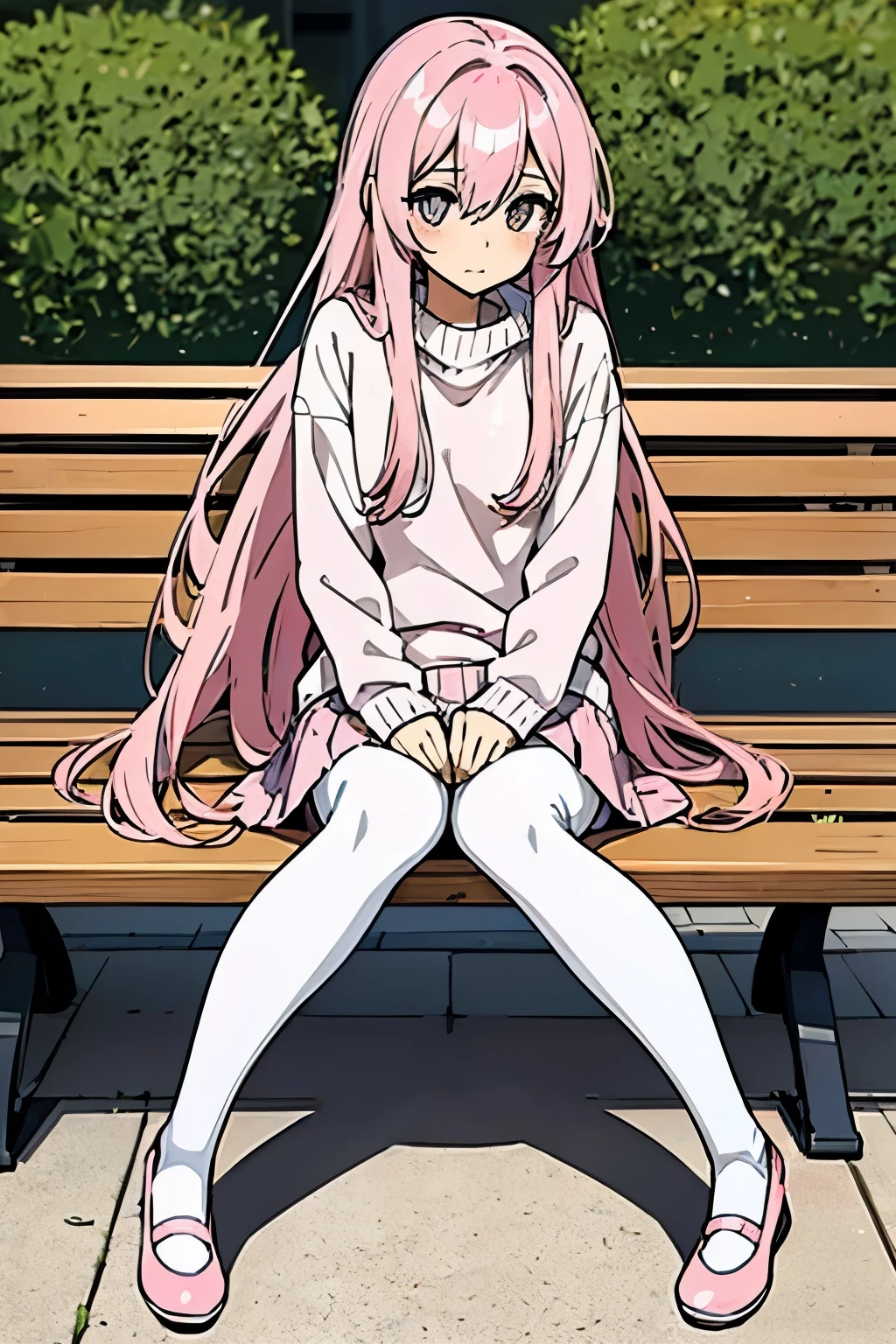 Anime girl, long hair, straight hair, pink hair, pink sweater, pink skirt, white pantyhose, Pink Ankle Strapped Ballerina Flat Shoes, Park, sitting on bench