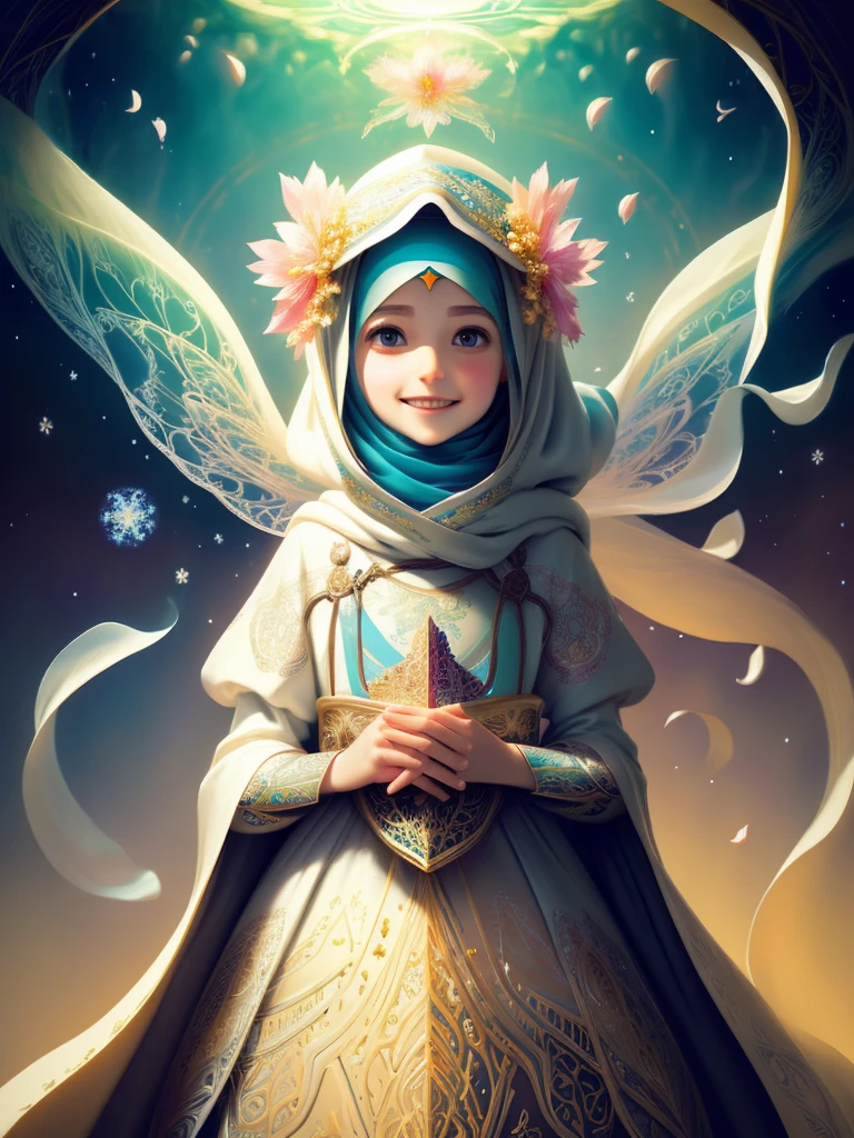 smiling face Subtle girl with flowers Full hijab, full dress, full robe, ethereal fantasy concept art of intricate paper quilled , vibrant, beautiful paper quills, hyper detailed, insane depth, gorgeous composition, chaotic but orderly . magnificent, celestial, ethereal, painterly, epic, majestic, magical, fantasy art, cover art, dreamy . magnificent, celestial, ethereal, painterly, epic, majestic, magical, fantasy art, cover art, dreamy