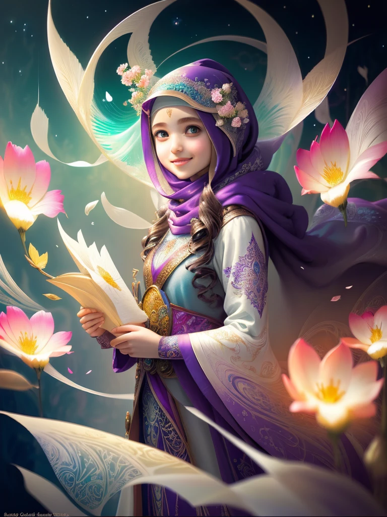 smiling face Subtle girl with flowers Full hijab, full dress, full robe, ethereal fantasy concept art of intricate paper quilled , vibrant, beautiful paper quills, hyper detailed, insane depth, gorgeous composition, chaotic but orderly . magnificent, celestial, ethereal, painterly, epic, majestic, magical, fantasy art, cover art, dreamy . magnificent, celestial, ethereal, painterly, epic, majestic, magical, fantasy art, cover art, dreamy