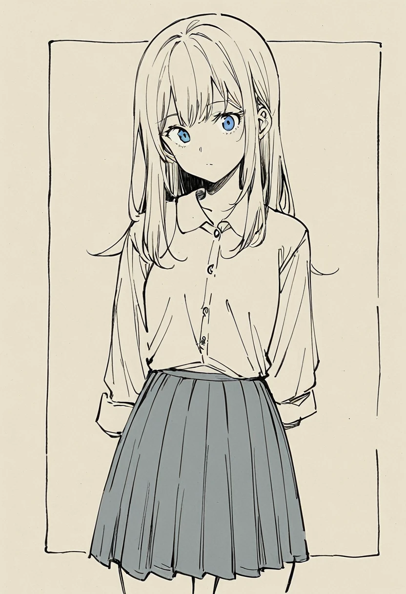 1girl, 18years old,blonde hair, one length hair, blue eyes, shirt, skirt, room, masterpiece, best quality, absurdres, cowboy shot, lithograph style, printmaking technique, grainy texture, limited color palette, flat color areas, subtle tonal gradations, fine line work, hatching and cross-hatching, slightly muted colors, vintage feel, press plate marks, slight ink buildup, paper texture visible, artistic interpretation, hand-drawn quality