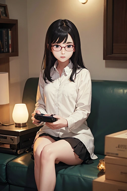 Highest quality、masterpiece、High sensitivity、High resolution、Detailed Description、Slender women、Glasses、Sitting on the sofa、In the middle of a video game、