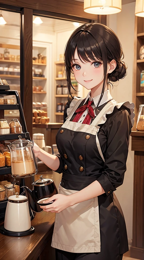 masterpiece,Highest quality,Stylish western style cafe,Female cafe attendant,Cafe clerk uniform,Detailed clothing,carry a coffee pot,Laughter,Bright atmosphere in the store