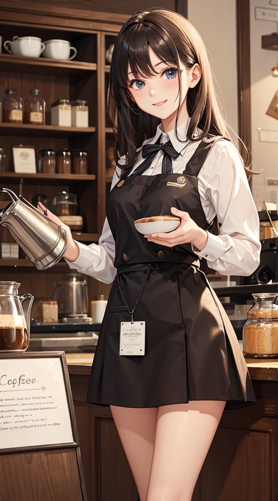 masterpiece,Highest quality,Stylish western style cafe,Female cafe attendant,Cafe clerk uniform,Detailed clothing,carry a coffee pot,Laughter,Bright atmosphere in the store