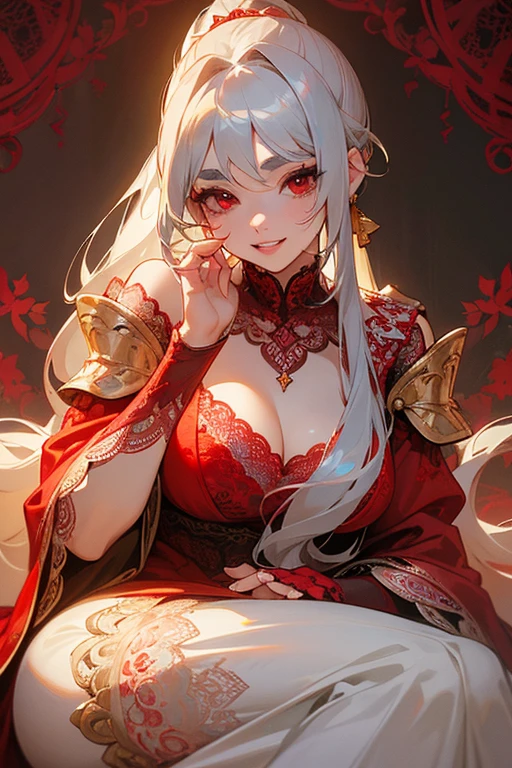 (Highest quality, masterpiece:1.2), (High resolution, 最高masterpiece).(difficult).Very detailed, Realistic:1.37, Fantasy, An illustration,Gray Hair、 Red eyes、Queen, White and blue dress、beautifully、Eyeshadow Red、Thick eyebrows、Long eyelashes、pupils are black、shiny on the lips、Top Sites、Queen、Princess、A kind smile、Show your teeth a little and smile、Soft impression、people々々々々々Loved by、(Slimming the face).Shoulder Bare、ponytail、Kissing Face、Long white hair、Shaggy Bangs、(Save face image).((Red lace dress))、(Gold decoration).