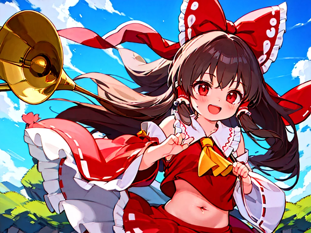 anatomically correct, high quality, 8k,cute girl,reimu,play trumpet,reimu playing trumpet,smile fine sky background