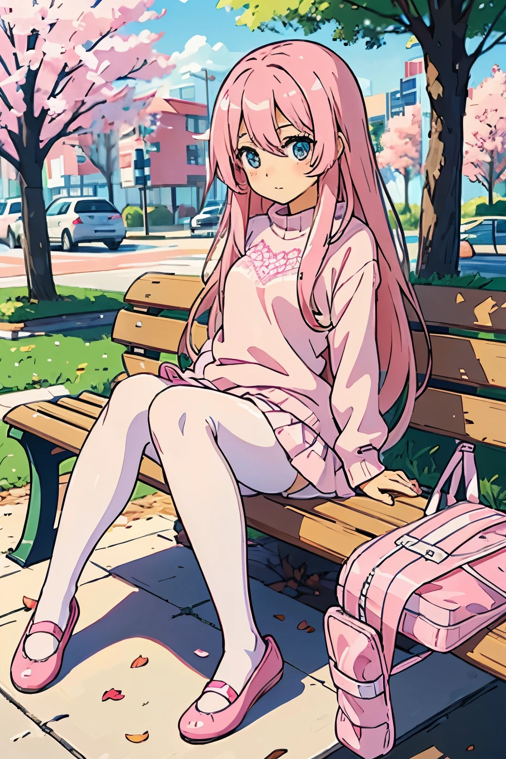 Anime girl, long hair, straight hair, pink hair, pink sweater, pink skirt, white pantyhose, Pink Strapped Ballerina Flat Shoes, Park, sitting on bench