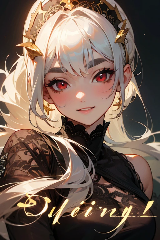 (Highest quality, masterpiece:1.2), (High resolution, 最高masterpiece).(difficult).Very detailed, Realistic:1.37, Fantasy, An illustration,Gray Hair、 Red eyes、Queen, White and blue dress、beautifully、Eyeshadow Red、Thick eyebrows、Long eyelashes、pupils are black、shiny on the lips、Top Sites、Queen、Princess、A kind smile、Show your teeth a little and smile、Soft impression、people々々々々々Loved by、(Slimming the face).Shoulder Bare、ponytail、Kissing Face、Long white hair、Shaggy Bangs、(Save face image).((Black lace dress))、(Gold decoration).