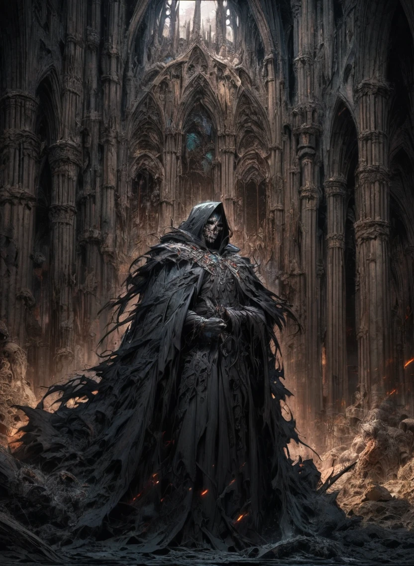 undead king wear cloak cover by blood, dark fantasy, detailed facial features, blue eyes, eyes, bony hands, flowing tattered cloak, decaying bones, sinister expression, dark moody lighting, dramatic pose, gothic cathedral interior, intricate detailed textures, dark color palette, cinematic composition,