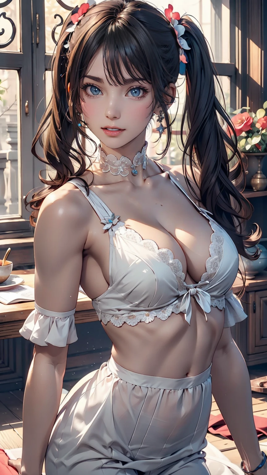 masterpiece, Highest quality,One girl,Gosgarh,Frill dress 8k,High resolution, ( flower_Styler:1.2)(Rainbow Candy:1.2)、Sexy proportions、Long eyelashes、Lace choker、Twin tails