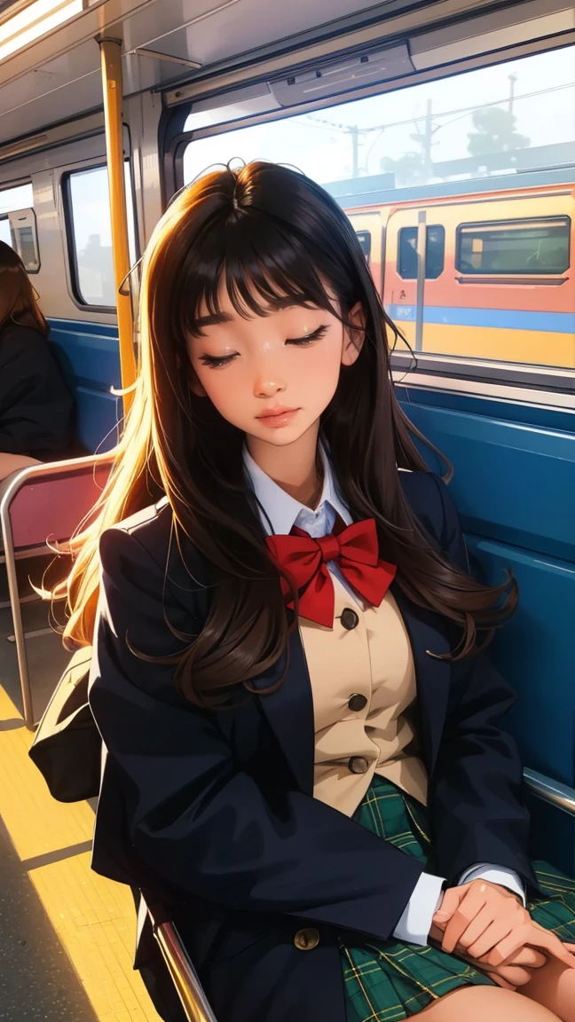 Sleeping on a chair on the train platform,beautiful girl,Front view, UHD Portrait, (high quality) (Super detailed) ,Female High School Students,uniform, colorful, Long hair in color 🌈