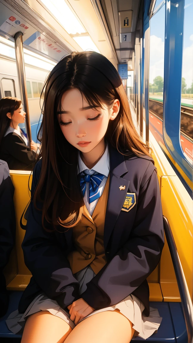 Sleeping on a chair on the train platform,beautiful girl,Front view, UHD Portrait, (high quality) (Super detailed) ,Female High School Students,uniform, colorful, Long hair in color 🌈