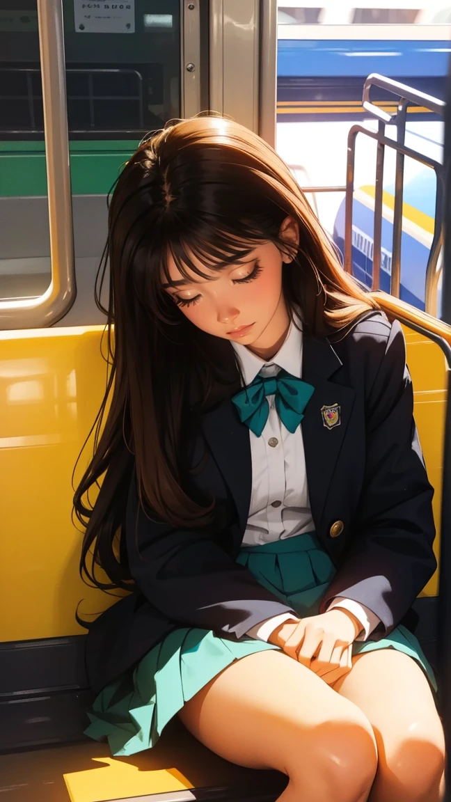 Sleeping on a chair on the train platform,beautiful girl,Front view, UHD Portrait, (high quality) (Super detailed) ,Female High School Students,uniform, colorful, Long hair in color 🌈