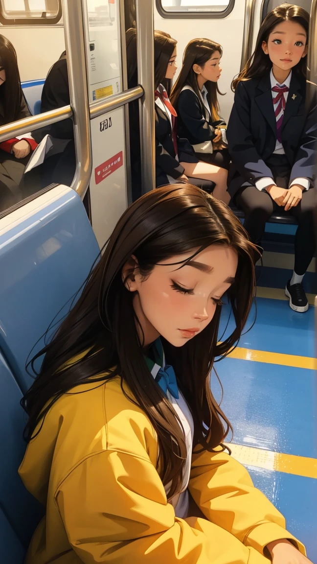 Sleeping on a chair on the train platform,beautiful girl,Front view, UHD Portrait, (high quality) (Super detailed) ,Female High School Students,uniform, colorful, Long hair in color 🌈