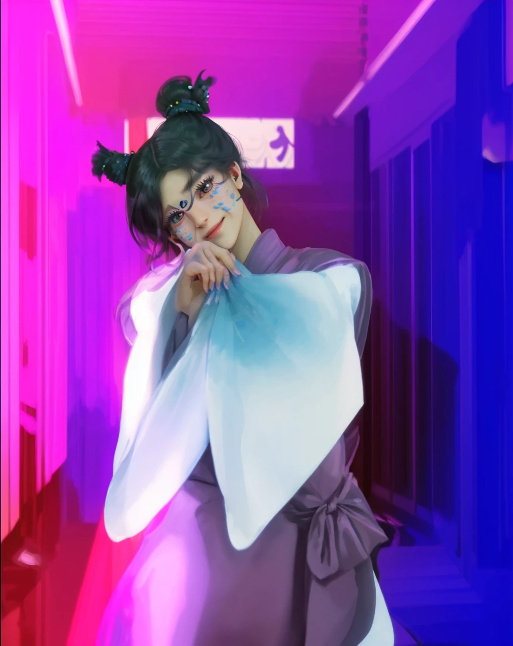 ( CHOSO_JUJUTSU NO KAISEN),((realistic, photorealistic)),(highlight hair)), Light reflection, (( HD )),((upper body)), (((best quality, masterpiece))), (masterpiece) (best quality) (detail) (8k) (HDR) (wallpaper) (cinematic lighting) (sharp focuasterpiece, best quality: 1.1), Real life adaption of this character, realistic outfit, realistic shadow, realistic light, realism, hyper realistic, realistic background,realistic hair,(photorealistic:1.2), (masterpiece: 1.2), (best quality: 1.3), (clear details: 1.3), ((((ultra-detailed)))), ((detailed eyes)), (extremely detailed face:1.4), (highly detailed eyelash:1.6), highly detailed eyes, sharp details, high contrast, (shiny skin), 1boy,Shibuya train station background, purple and blue gradations, glow effect, smoke, blood 
IncrsSecretPower, jjksnch, prpotf, solo, closed eyes, smile