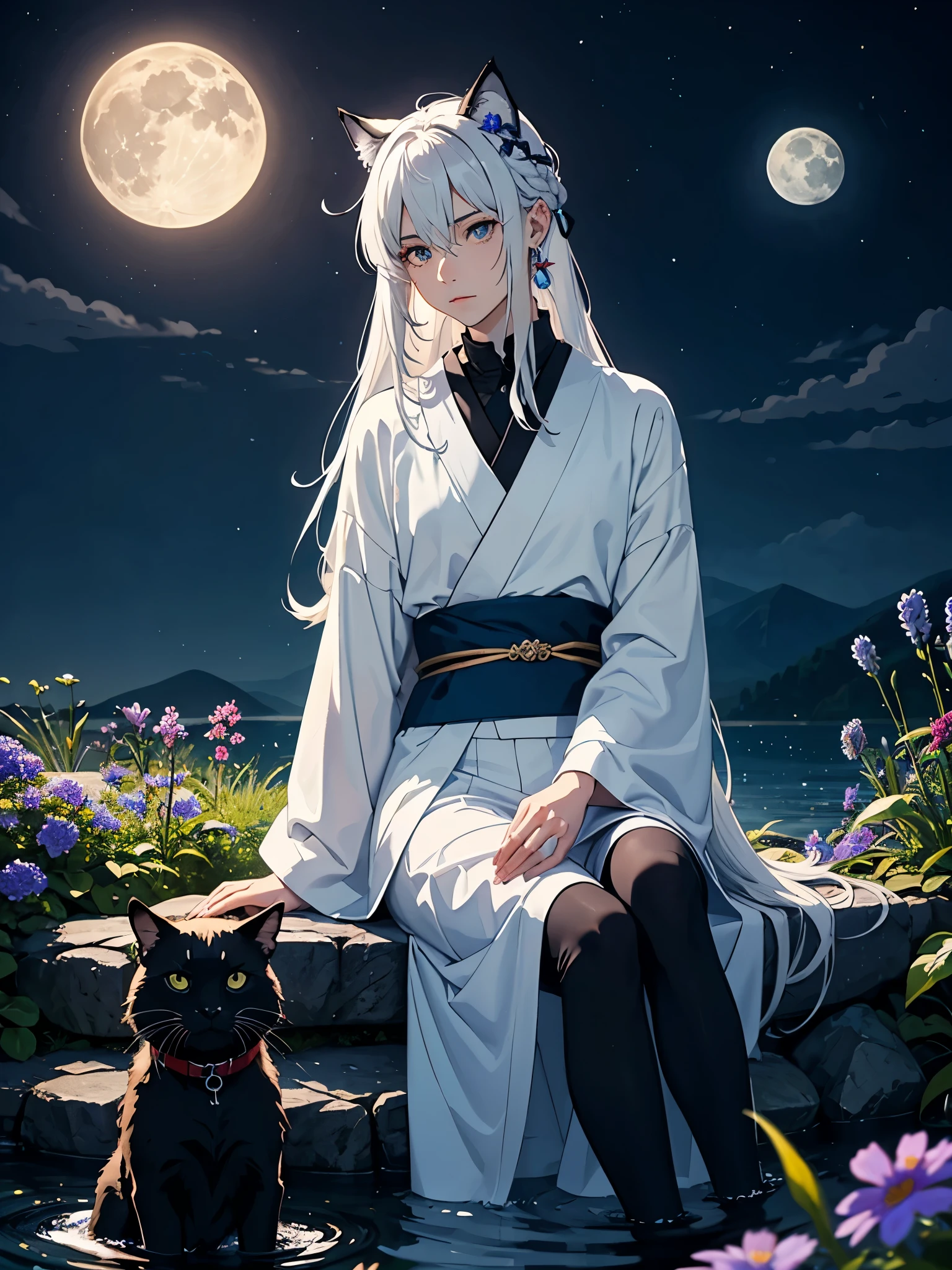 With black cat. Viel Jünger. Silberner Schmuck. Kimono! day lights. More anime. light blue light. Bright bright light. magical. Moon. Sitting on a big white wolf. Lightening flowers. More anime. male. Blue flowers. Long hair. long white hair. aquatic, boy, God of the Moon, silver hair accessories, White hair.