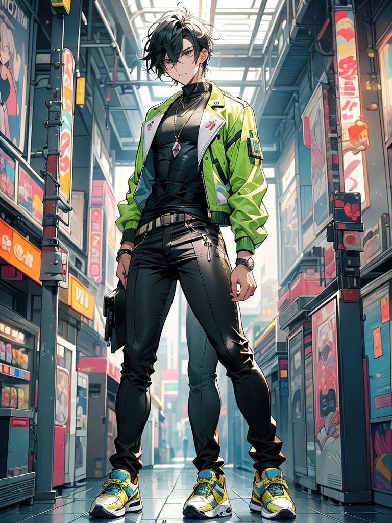 ((Full body image)), ((Just one person)). A young adult man with fair skin, fit well-toned body. He has big mint eyes. His hair is navy blue, short and wavy, in a messy undercut hairstyle. His hair has curtain bangs and is very voluminous. He wears a mint bandana on his forehead, has a very colorful and lively outfit. He wears a mint green synthetic leather jacket, a black shirt underneath, black jogger pants and mint-colored high-top sneakers. He has a determined look on his face and is standing in the middle of an arcade with several vibrant colors.