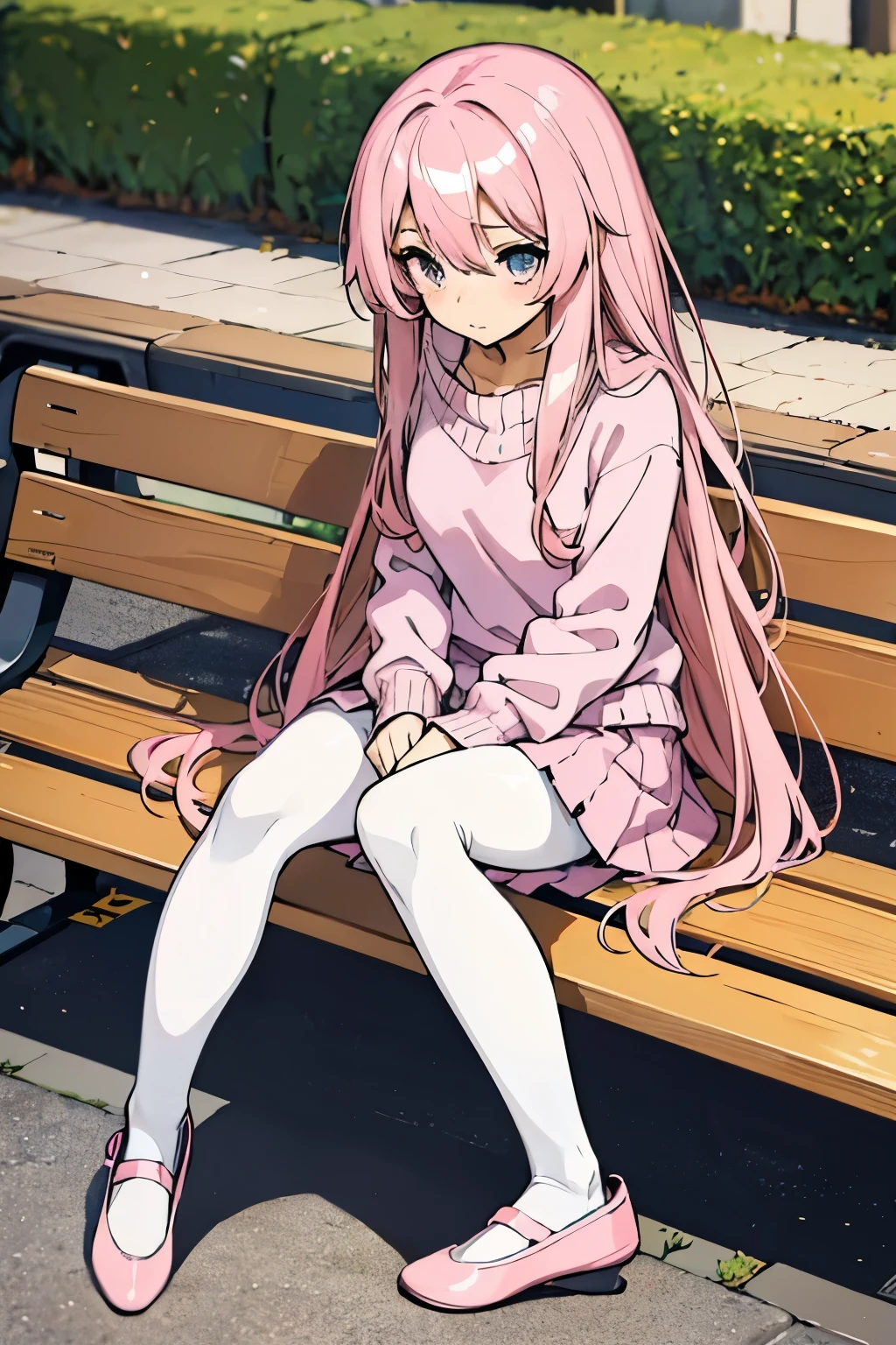 Anime girl, long hair, straight hair, pink hair, pink sweater, pink skirt, white pantyhose, Pink Ankle Strapped Ballerina Flat Shoes, Park, sitting on bench