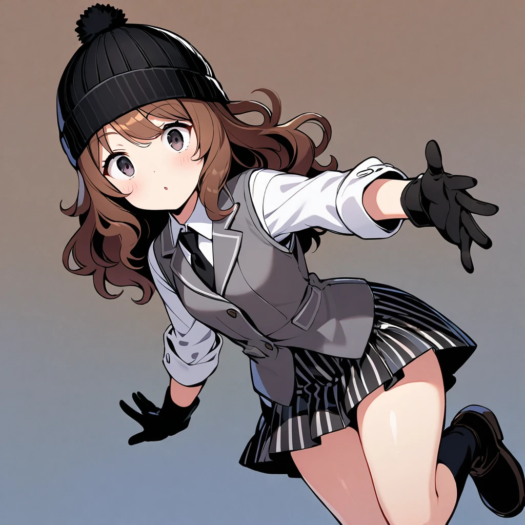 (well done:1)woman, short wavy brown hair, black eyes, black beanie with gray stripes, gray vest with thin black stripes with a tie, white shirt underneath, black and white checkered skirt, black gloves, black boots, socks to the end of the thighs.