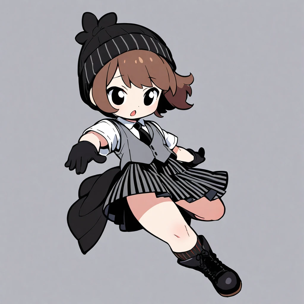 (well done:1)woman, short wavy brown hair, black eyes, black beanie with gray stripes, gray vest with thin black stripes with a tie, white shirt underneath, black and white checkered skirt, black gloves, black boots, socks to the end of the thighs.