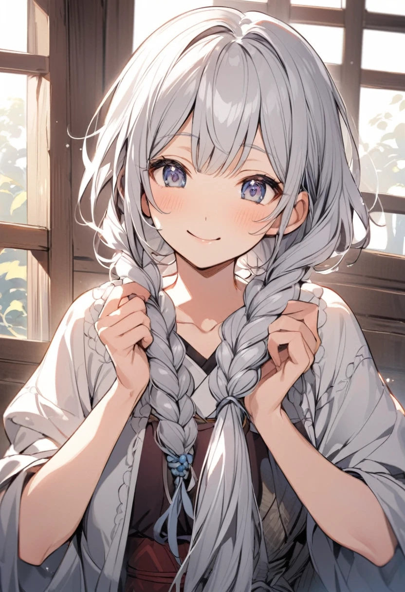 Silver Hair　Asian　smile　Modest　Droopy eyes　short hair　Braiding