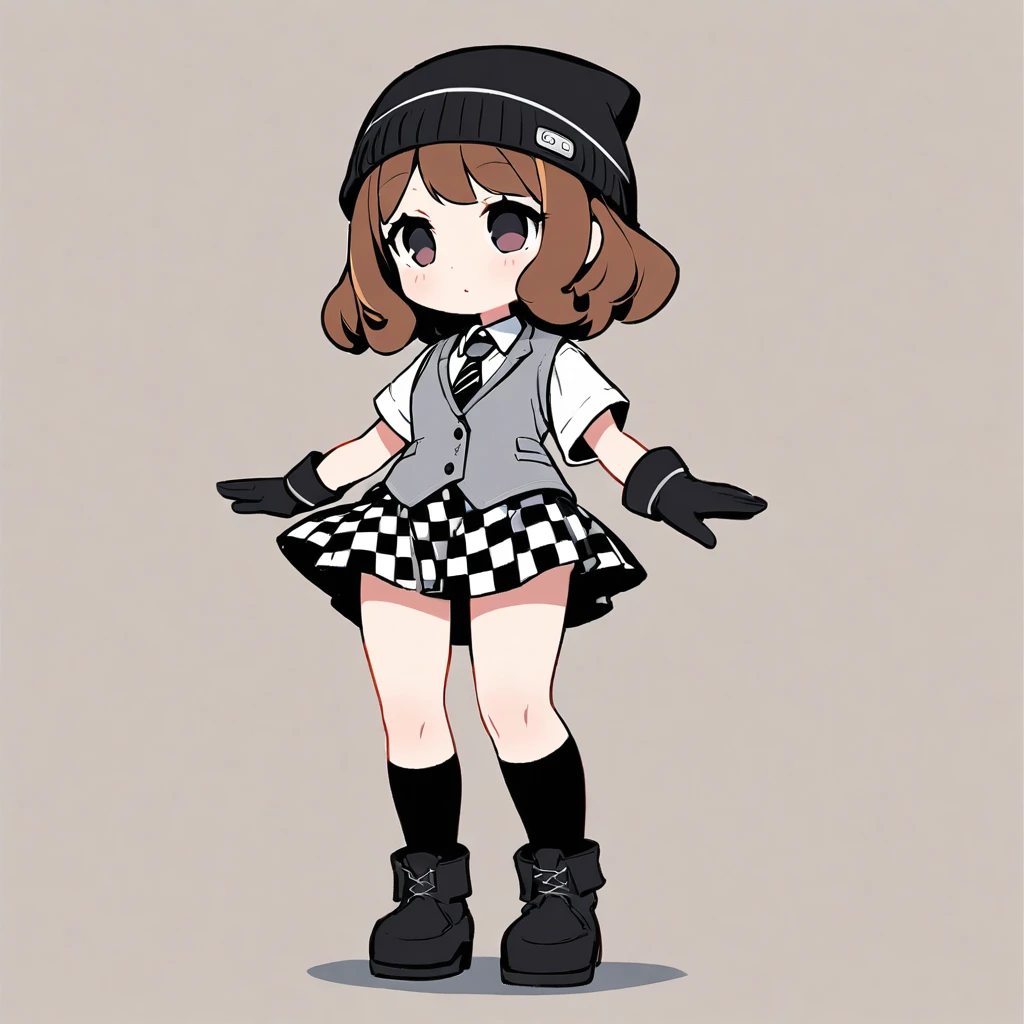 (well done:1)woman, short wavy brown hair, black eyes, black beanie with gray stripes, gray vest with thin black stripes with a tie, white shirt underneath, black and white checkered skirt, black gloves, black boots, socks to the end of the thighs.