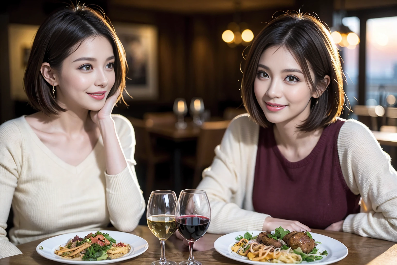 (Realistic:1.1),(masterpiece,Highest quality),8k,(40 years old), 42 years old, slimカップル、Model Couple、Actress/Actor、Tight waist,Upper Body,full-course dinner、wine 、Amazing view of the sunset sky and clouds、Perfect Anatomy, Brown Hair, Short Hair,Random Hairstyles,((Highly detailed face and eyes:1.2))(cute顔:1.4),Beautiful actress face,Perfect golden ratio face,Long sleeve shirt、dress,(smile:1.2)、Shortcuts、cute、(Realistic, Intricate details:1.2), A bright smile、short hair,Bright Face、赤wine 、Appetizers、Italian food、wine bottle、Champagne、スパークリングwine、(slimな顔), (The body is slim), (Brown Hair), (Shortcuts), Upper Body, 白wine, slim, wineグラス,