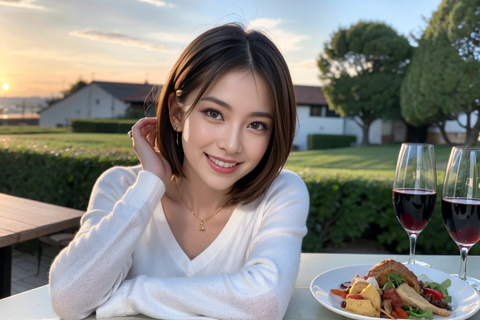 (Realistic:1.1),(masterpiece,Highest quality),8k,(40 years old), 42 years old, slimカップル、Model Couple、Actress/Actor、Tight waist,Upper Body,full-course dinner、wine 、Amazing view of the sunset sky and clouds、Perfect Anatomy, Brown Hair, Short Hair,Random Hairstyles,((Highly detailed face and eyes:1.2))(cute顔:1.4),Beautiful actress face,Perfect golden ratio face,Long sleeve shirt、dress,(smile:1.2)、Shortcuts、cute、(Realistic, Intricate details:1.2), A bright smile、short hair,Bright Face、赤wine 、Appetizers、Italian food、wine bottle、Champagne、スパークリングwine、(slimな顔), (The body is slim), (Brown Hair), (Shortcuts), Upper Body, 白wine, slim, wineグラス,