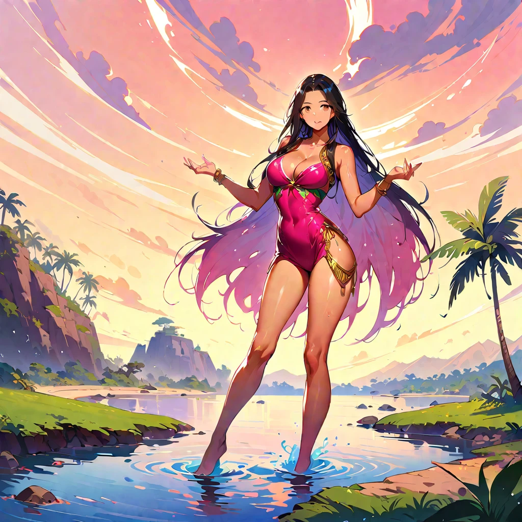 Young beautiful woman,(Highest quality,Extremely detailed depiction,Incredibly absurd high resolution,Anatomically accurate depiction,Nice hands, Perfect Fingers,Curvy Legs),(Glowing Skin,Shiny skin,Oilskin),Latex Swimwear,There is cleavage in the chest,Glossy Lips,Sweat,whole body,background:A fantastic and mysterious island,Extinct civilization,super mechanical civilization,blue sky,Mysterious sight,Island Focus