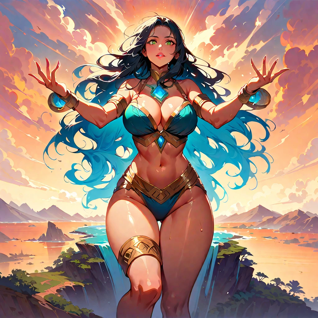 Young beautiful woman,(Highest quality,Extremely detailed depiction,Incredibly absurd high resolution,Anatomically accurate depiction,Nice hands, Perfect Fingers,Curvy Legs),(Glowing Skin,Shiny skin,Oilskin),Latex Swimwear,There is cleavage in the chest,Glossy Lips,Sweat,whole body,background:A fantastic and mysterious island,Extinct civilization,super mechanical civilization,blue sky,Mysterious sight,Island Focus