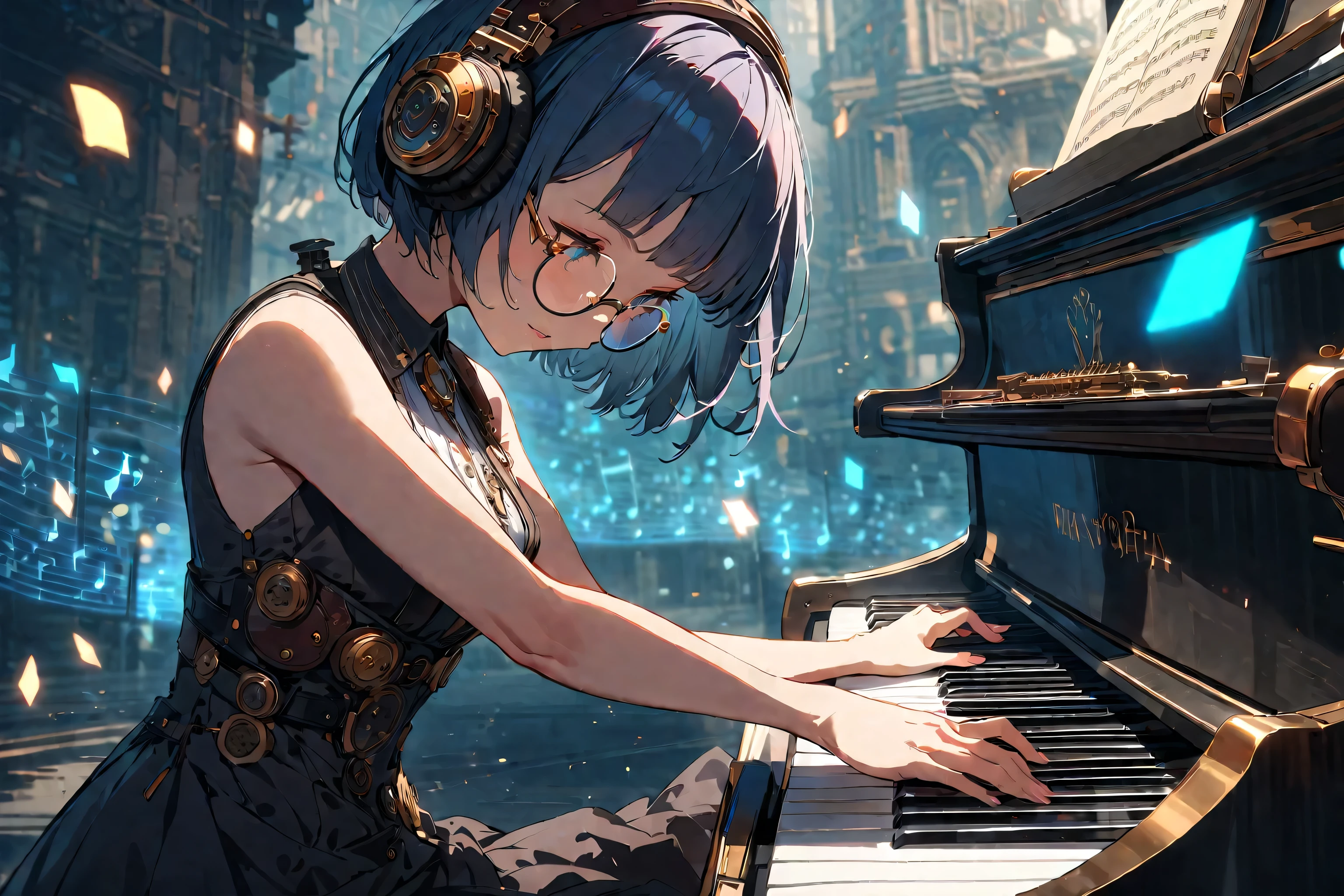 (extremely detailed fine touch:1.3), (((semi-rimless round eyewear:1.3))), (headphone:1.2), short hair, blunt bangs, 1girl, solo, elegant dress, bare arms, steampunk, futuristic, playing_piano, steampunk-inspired_piano, blue_glowing_tones, glowing_elements, musical_notes,