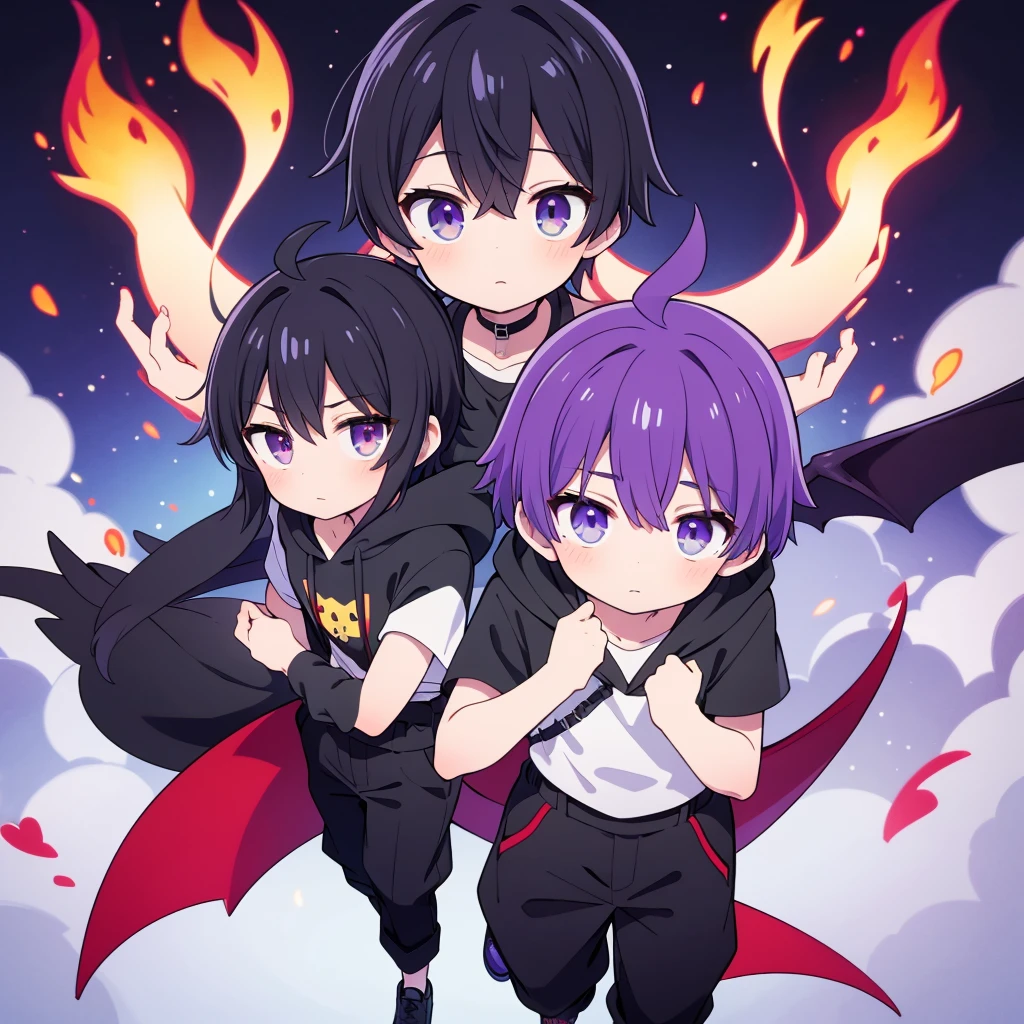 Ahoge,Purple shorthair,Both eyes are red,Pilot goggles on head,Black glove on one hand,Bat Wings,Indigo short sleeve hoodie,Black trousers,Manipulating the flames,boy,Mini character,An illustration