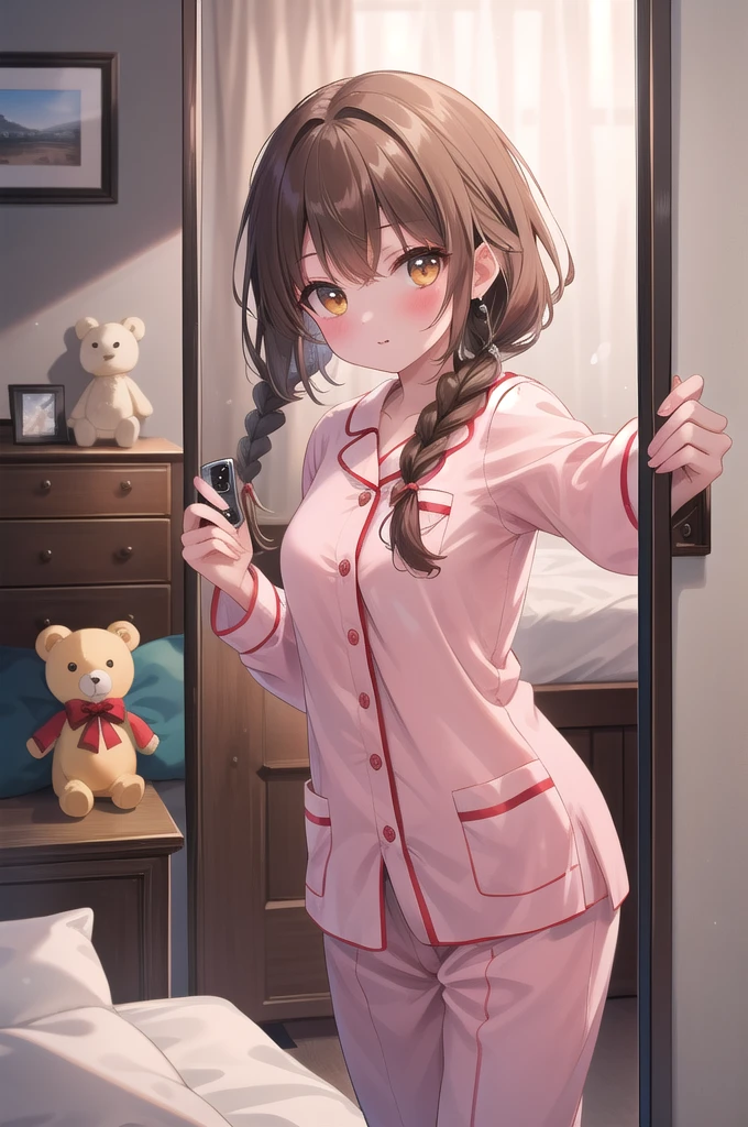 (8k, best quality, master piece: 1.2),super high resolution,1 girl, 独奏, cowboy shot ,ultra-detailed face, Selfie、Reflection in the mirror、pajamas、silk、Girly、Braid、Brown、Buckshot、Private room、bed、stuffed toy