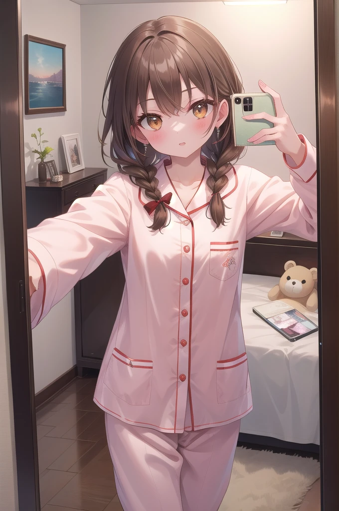 (8k, best quality, master piece: 1.2),super high resolution,1 girl, 独奏, cowboy shot ,ultra-detailed face, Selfie、Reflection in the mirror、pajamas、silk、Girly、Braid、Brown、Buckshot、Private room、bed、stuffed toy
