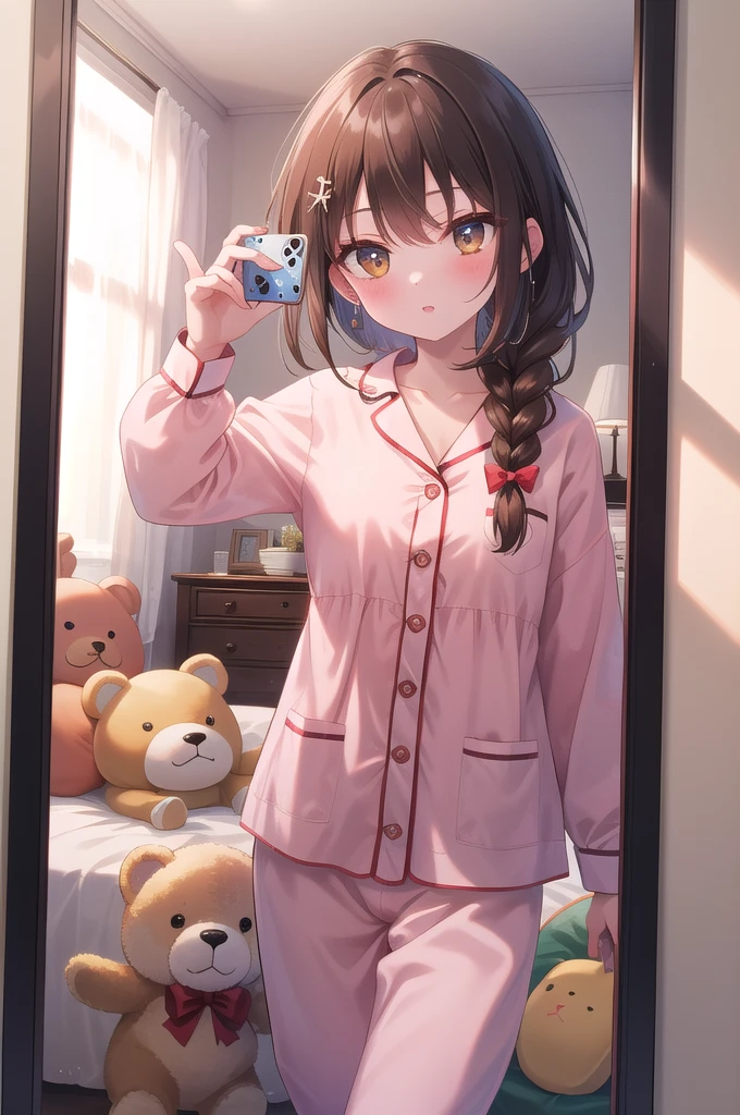 (8k, best quality, master piece: 1.2),super high resolution,1 girl, 独奏, cowboy shot ,ultra-detailed face, Selfie、Reflection in the mirror、pajamas、silk、Girly、Braid、Brown、Buckshot、Private room、bed、stuffed toy