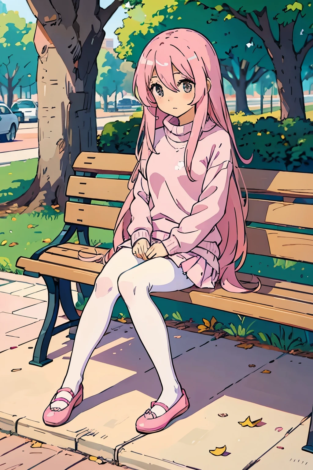 Anime girl, long hair, straight hair, pink hair, pink sweater, pink skirt, white pantyhose, Pink Ankle Strapped Ballerina Flat Shoes, Park, sitting on bench