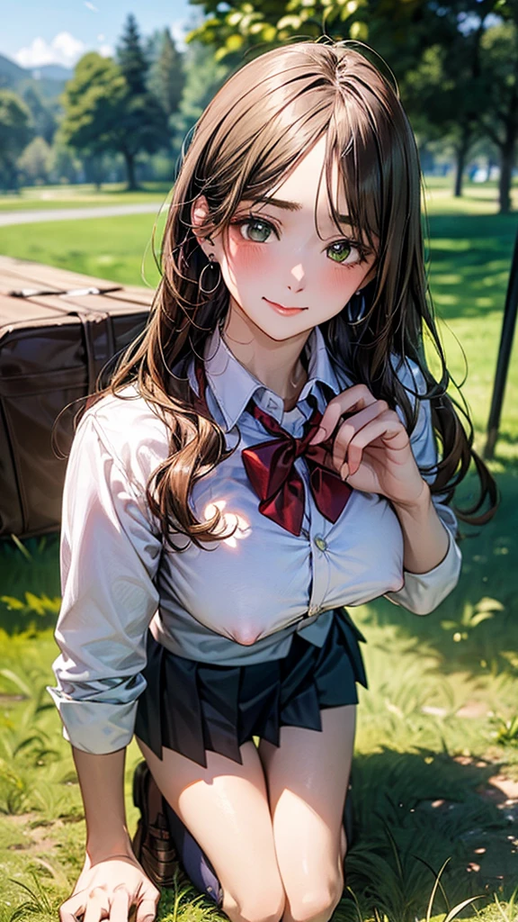 (masterpiece:1.2, top-quality), (realistic, photorealistic:1.4), beautiful illustration, (natural side lighting, movie lighting), 
looking at viewer, cowboy shot, front view:0.6, 1 girl, japanese, high school girl, perfect face, cute and symmetrical face, shiny skin, 
(long hair:1.8, straight hair:1.7, light brown hair), parted bangs, emerald green eyes, long eye lasher, (large breasts:0.9, thick thighs), 
beautiful hair, beautiful face, beautiful detailed eyes, beautiful clavicle, beautiful body, beautiful chest, beautiful thigh, beautiful legs, beautiful fingers, 
((, white collared shirts, black pleated mini skirt, black socks, brown loafers, red bow tie)), break, hoop ring earrings, pink panties, dark blue school bag, violet cardigan, break,
(beautiful scenery), evening, riverside, walking, hands on chest, (lovely smile, upper eyes), A masterpiece, top quality, highest definition, 32K, one big dog, one beautiful woman. Platinum blonde, straight hair in one length. Slit eyes, green eyes, model like, beautiful,
shirt, mini tight skirt. On all fours in a grassy field, a dog hugs the woman's back.
Woman's face, bright red, flushed,One large dog on all fours, a girl, on all fours in a grassy meadow, the dog is holding the woman from behind, close to her waist, and mating with her.

.A girl is on all fours in a grassy field. She is carrying a large dog on her back and mating with him.
Her face is bright red and flushed, her brow is furrowed, her eyes are closed, and her mouth is open in anguish.
Her nipples stand out, even in her shirt.
(Very short skirt)