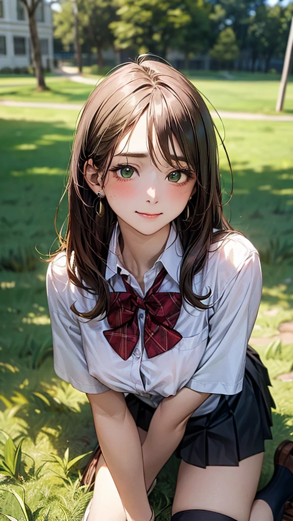 (masterpiece:1.2, top-quality), (realistic, photorealistic:1.4), beautiful illustration, (natural side lighting, movie lighting), 
looking at viewer, cowboy shot, front view:0.6, 1 girl, japanese, high school girl, perfect face, cute and symmetrical face, shiny skin, 
(long hair:1.8, straight hair:1.7, light brown hair), parted bangs, emerald green eyes, long eye lasher, (large breasts:0.9, thick thighs), 
beautiful hair, beautiful face, beautiful detailed eyes, beautiful clavicle, beautiful body, beautiful chest, beautiful thigh, beautiful legs, beautiful fingers, 
((, white collared shirts, black pleated mini skirt, black socks, brown loafers, red bow tie)), break, hoop ring earrings, pink panties, dark blue school bag, violet cardigan, break,
(beautiful scenery), evening, riverside, walking, hands on chest, (lovely smile, upper eyes), A masterpiece, top quality, highest definition, 32K, one big dog, one beautiful woman. Platinum blonde, straight hair in one length. Slit eyes, green eyes, model like, beautiful,
shirt, mini tight skirt. On all fours in a grassy field, a dog hugs the woman's back.
Woman's face, bright red, flushed,One large dog on all fours, a girl, on all fours in a grassy meadow, the dog is holding the woman from behind, close to her waist, and mating with her.

.A girl is on all fours in a grassy field. She is carrying a large dog on her back and mating with him.
Her face is bright red and flushed, her brow is furrowed, her eyes are closed, and her mouth is open in anguish.
Her nipples stand out, even in her shirt.
(Very short skirt)