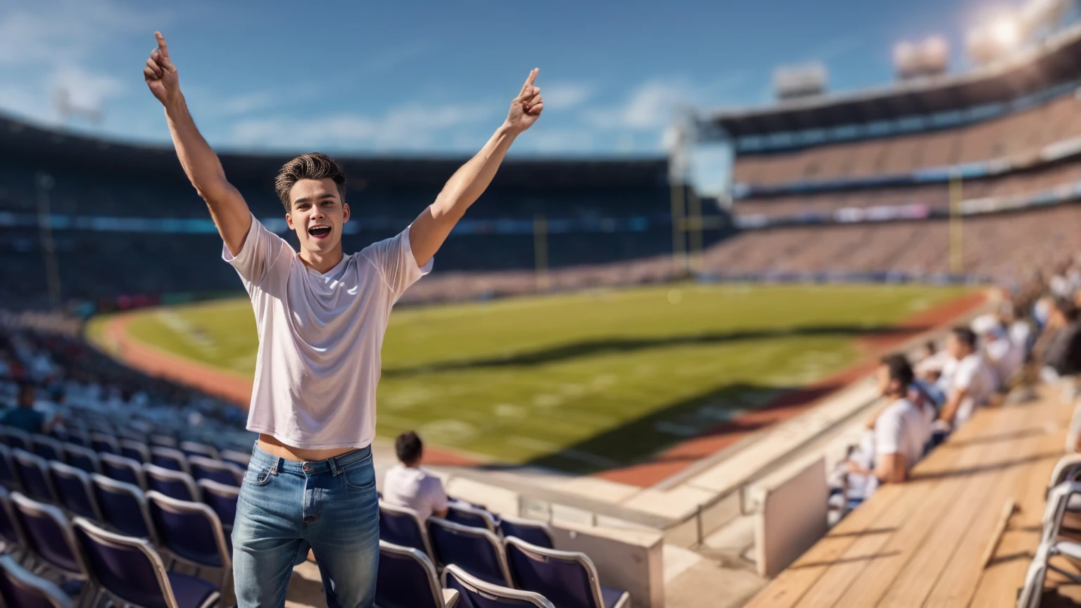 A Swedish man,(19 years old),Raise your hands,White short-sleeved top,jeans,(CANON EOS R5 C),Elated,(best quality,4K,8K,high resolution,masterpiece:1.2),Extremely detailed,(Practical,Reality,Photo-real:1.37),Background is ((Stand in the audience)) stadium,Background is NFL 比赛场地,the audience was very large,(be booked up),very excited,author:Jacob Goldman,Bright Lights.,Warm atmosphere,